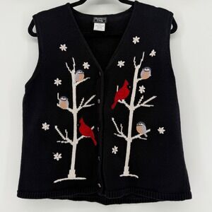 Southern Lady Vintage‎ Black Bird Embroidered Knit Sweater Vest Size M Cardinal